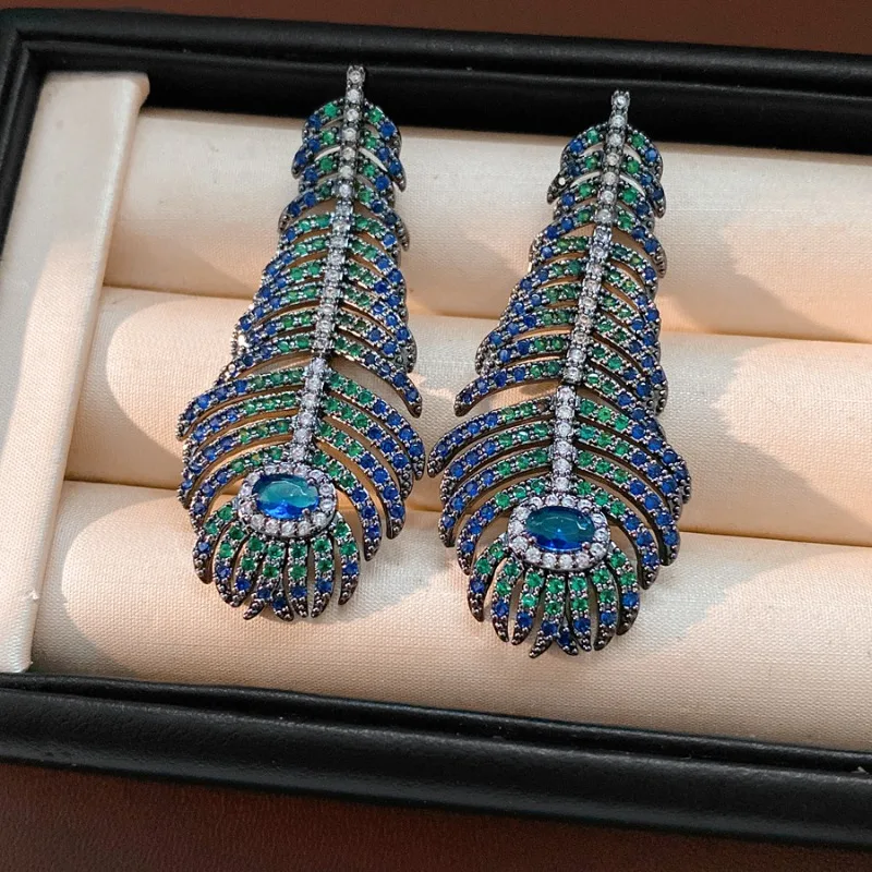 

Long Tassel Peacock Feather Earrings Women Colorful Zircon Bridal Wedding Jewelry
