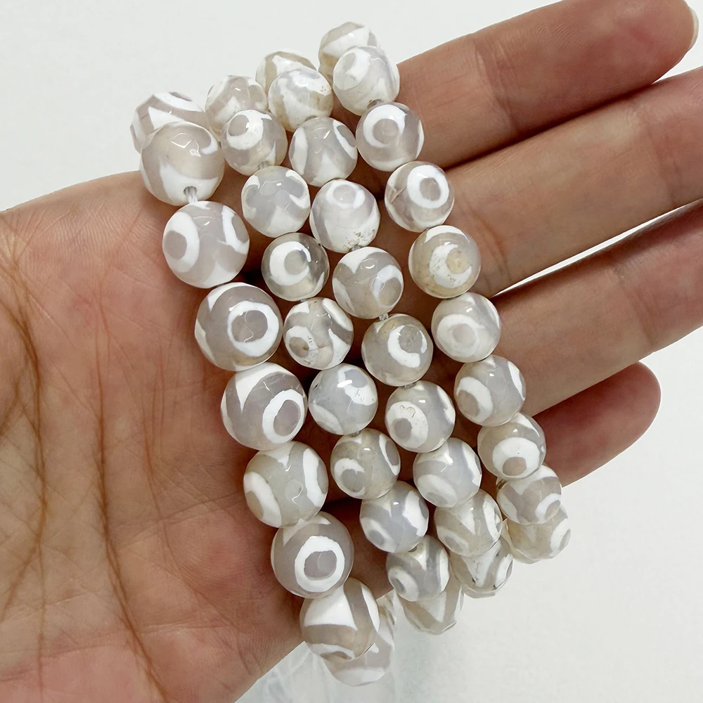 Natural Stone Faceted Eye Pattern White Tibetan Agate Round Loose Beads 8 10 12MM Pick Size For Jewelry