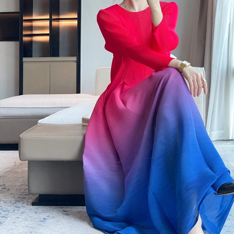 Miyake 2025 Herbst Neue Farbverlauf Gedruckt Plissee Kleid Pendler Formelle Anlässe Taille Temperament Prom Swing Kleider Frauen