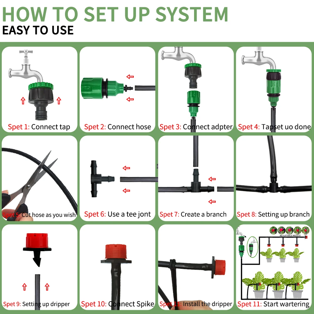 Micro Drip Irrigation System Portable 20M Automatic Watering with Adjustable Drippers Misting Watering Kits Garden Hose