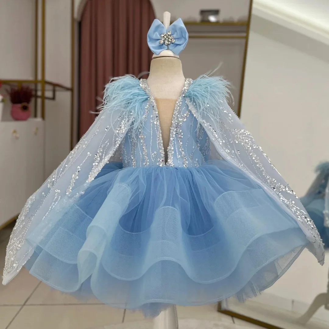 ラベンダーフラワーガールドレス 結婚式用 スパンコール フェザーガール 誕生日ドレス 写真撮影用 初聖体ドレス カスタマイズ