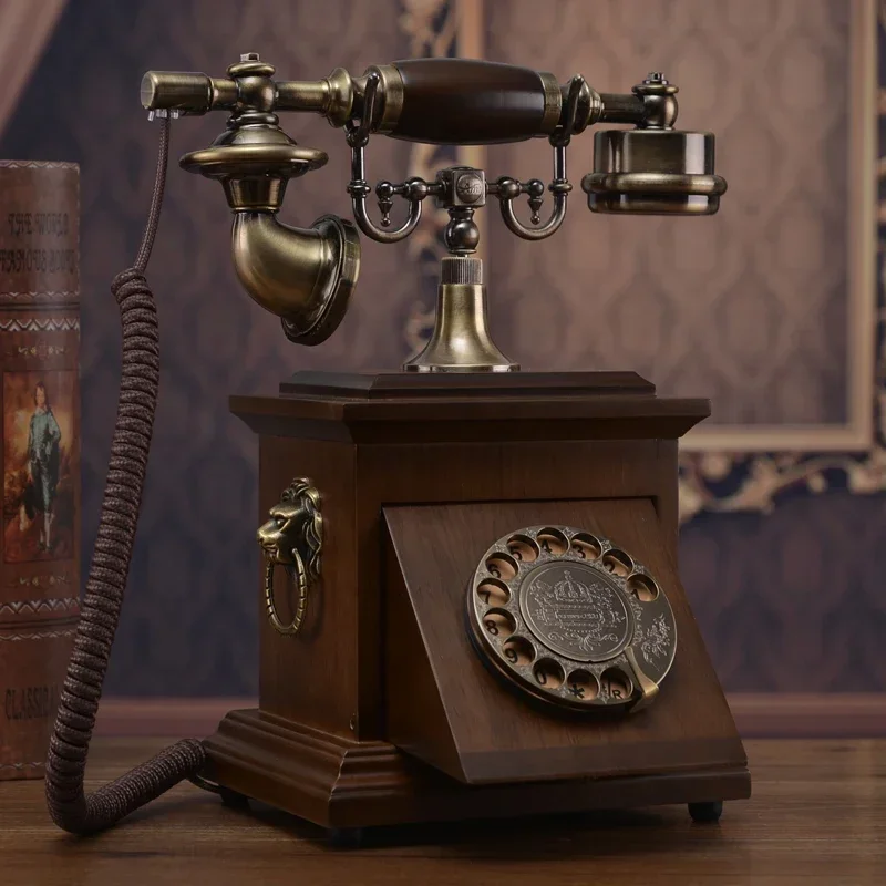 Old-Fashioned Republic of China Solid Wood Rotating Telephone Retro Dial Telephone Chinese Antique Home Landline