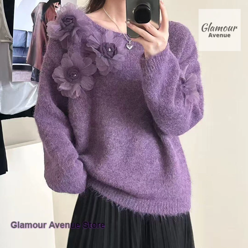 

French retro high sense flower fashion sweater female autumn and winter loose sweet giant good-looking knitted casual sweater