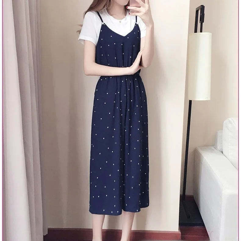 Ele Summer 2025 Salopette à bretelles en mousseline de soie pour femme coréenne Sle ample à pois pantalon une pièce à neuf points trajet mince polyester...