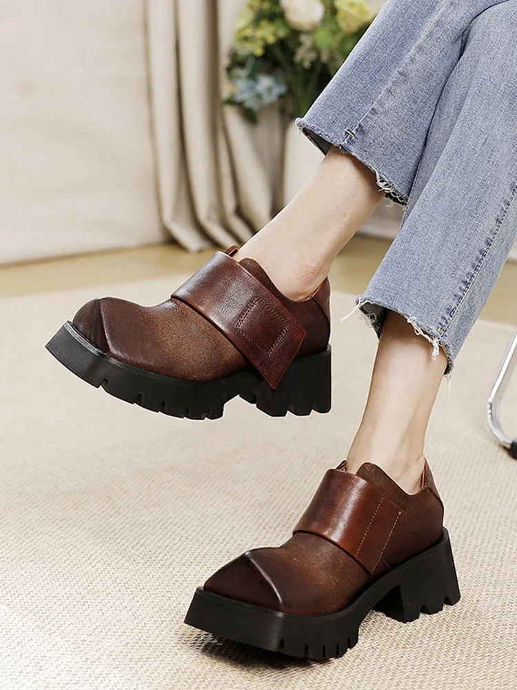 Birkuir Women Flat Platform Shoes Flats Thick Heel Luxury Hook Loop Genuine Leather Square Toe Deep Mouth Ladies Shoes size 41