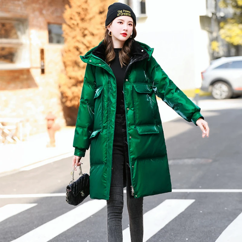 Glossy Medium-length Down Jacket Women New White Duck Down Thickened Stand Collar Puffer Jacket Loose Warm Winter Hooded Jacket