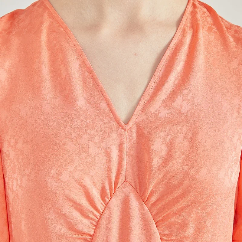 VOA シルクジャカード 22 匁オレンジ V ネックバブル半袖ドレス女性オルガンプリーツシンプルな甘いエレガントなサマードレス AE2137