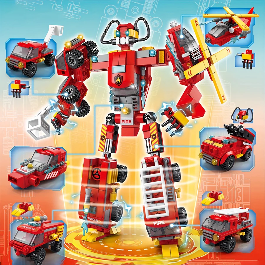 Red robot building blocks 6-in-1, red car, helicopter and ambulance building blocks. Gifts for children.