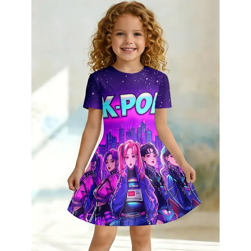 Girl's Neon Color K-Pop Group City Print Dress Purple Galaxy Short Sleeved T-shirt Dress Suitable for Birthday Gifts and Parties
