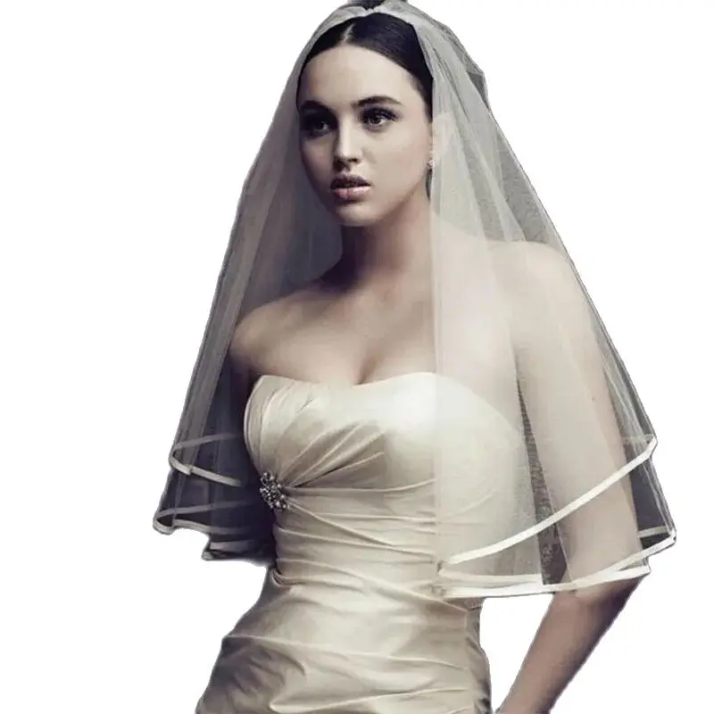 Simple and Elegent Wedding Veil Bridal Tulle Veils with Comb and Lace Ribbon Edge White Ivory