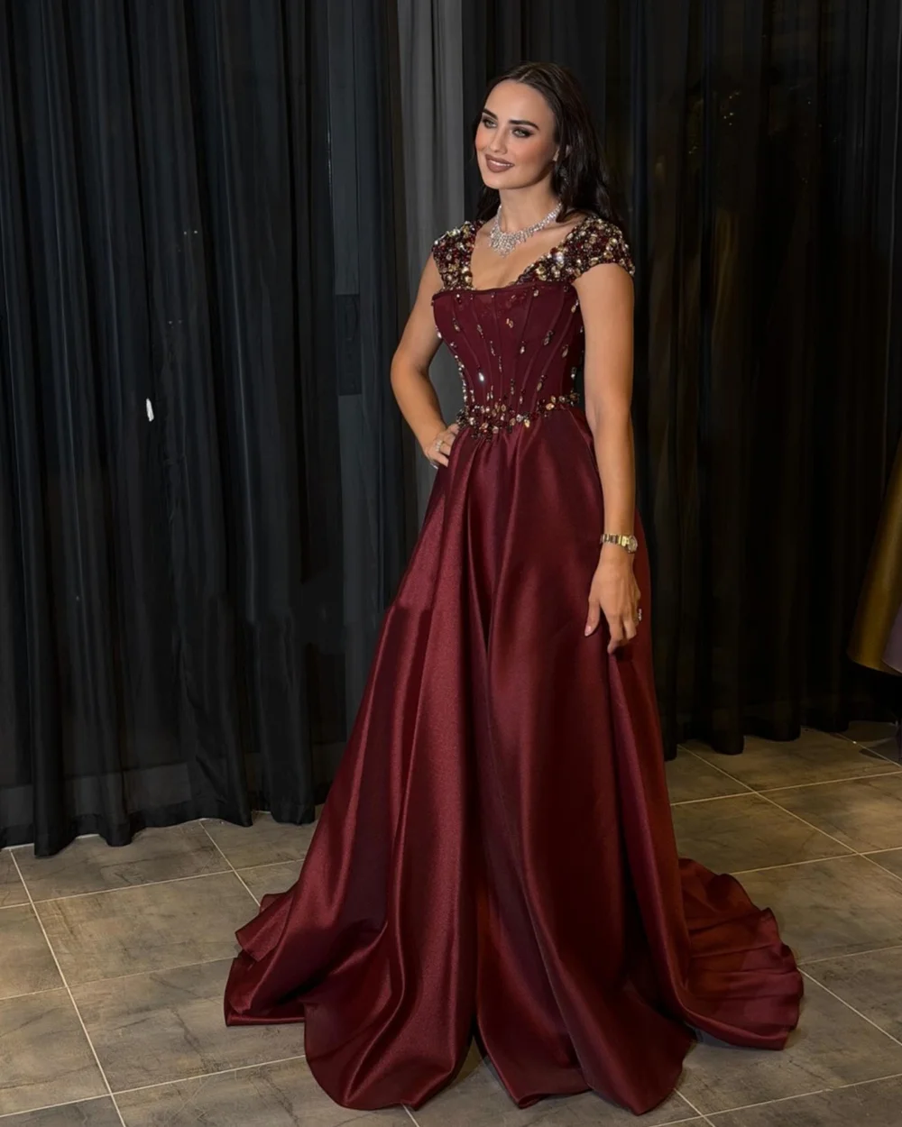 

Customized Formal Women Charmeuse Beading Rhinestone A-line Evening Dresses Elegant Off-the-shoulder Floor Lenght Party Gowns