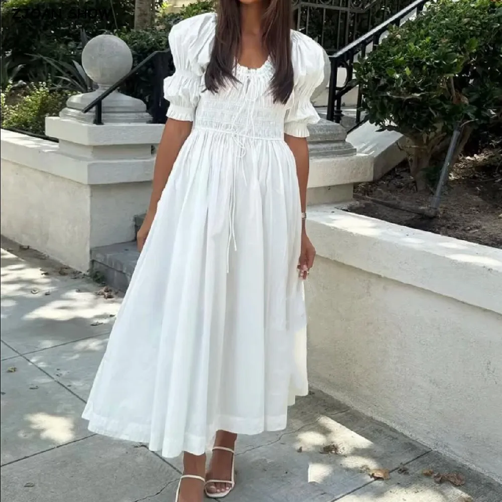 BOHO Houten oren Ruches Borst Boog U kraag Bladerdeeg Mouw Jurk Elastische Hoge Taille Geplooide Swing Midi Lange Jurken Vakantie Vestidos