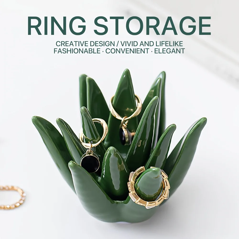 Ceramic Aloe Vera Ring Holder Cactus Shaped Jewelry Organizer for Rings Earrings Necklaces Home Office Desk Decorative Ornament