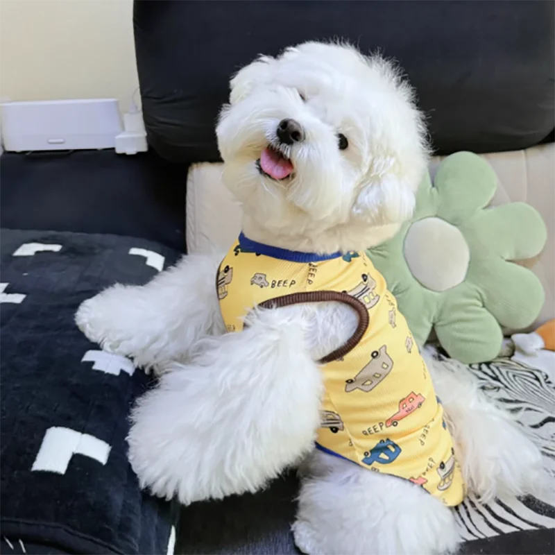 

Thin Dog Vest Breathable Pet Clothes Summer Teddy Small Car Printed T-shirt Cat Bichon Sleeveless Clothes Cartoon Pullover