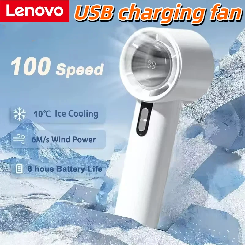 Ventilador Portátil Lenovo 100 Speed com Carregamento USB, Mini Ventilador Turbo Violento para Uso Externo, Sensor de Gelo, Canhão de Vento para Casa e Escritório