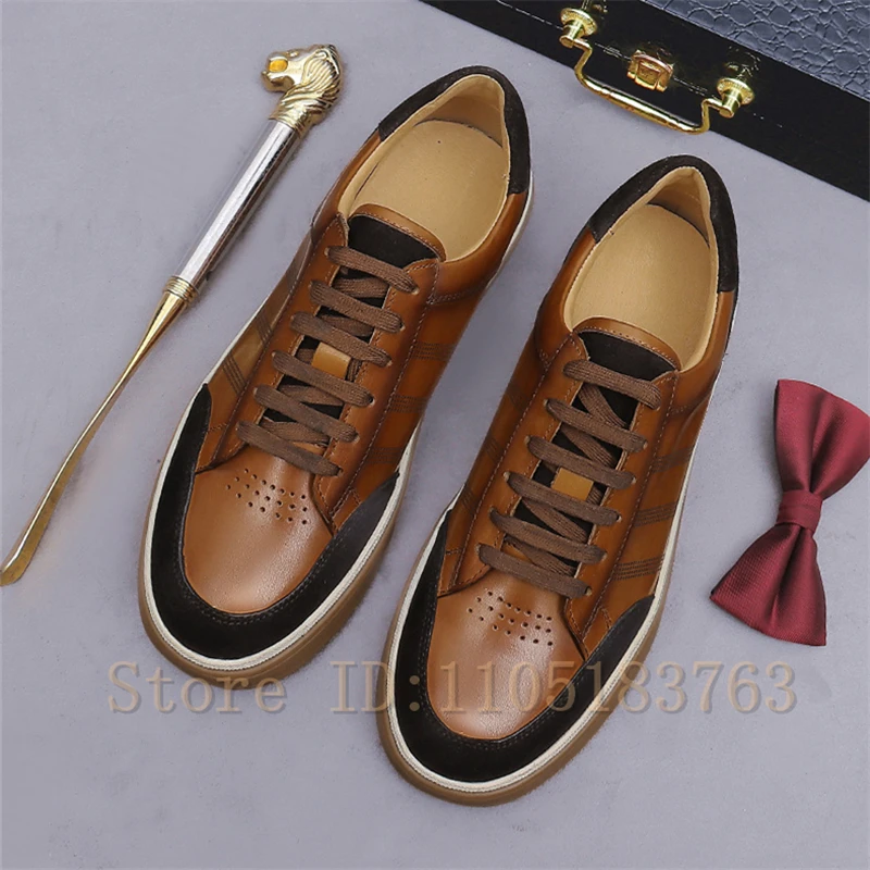 Men Retro Genuine Leather Casual Sneakers Brown Black Color Block Lace Up Flat Skate Shoes Classic Business Daily Walking Shoes