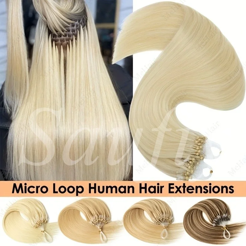 30g/pack Straight Balayge Blonde Micro Beads Human Hair Extensions Women Micro Loop Ring Human Hair Extensions Straight Natural Blonde Brown Black Micro Loop Human Hair Extensions 50Strands/Pack