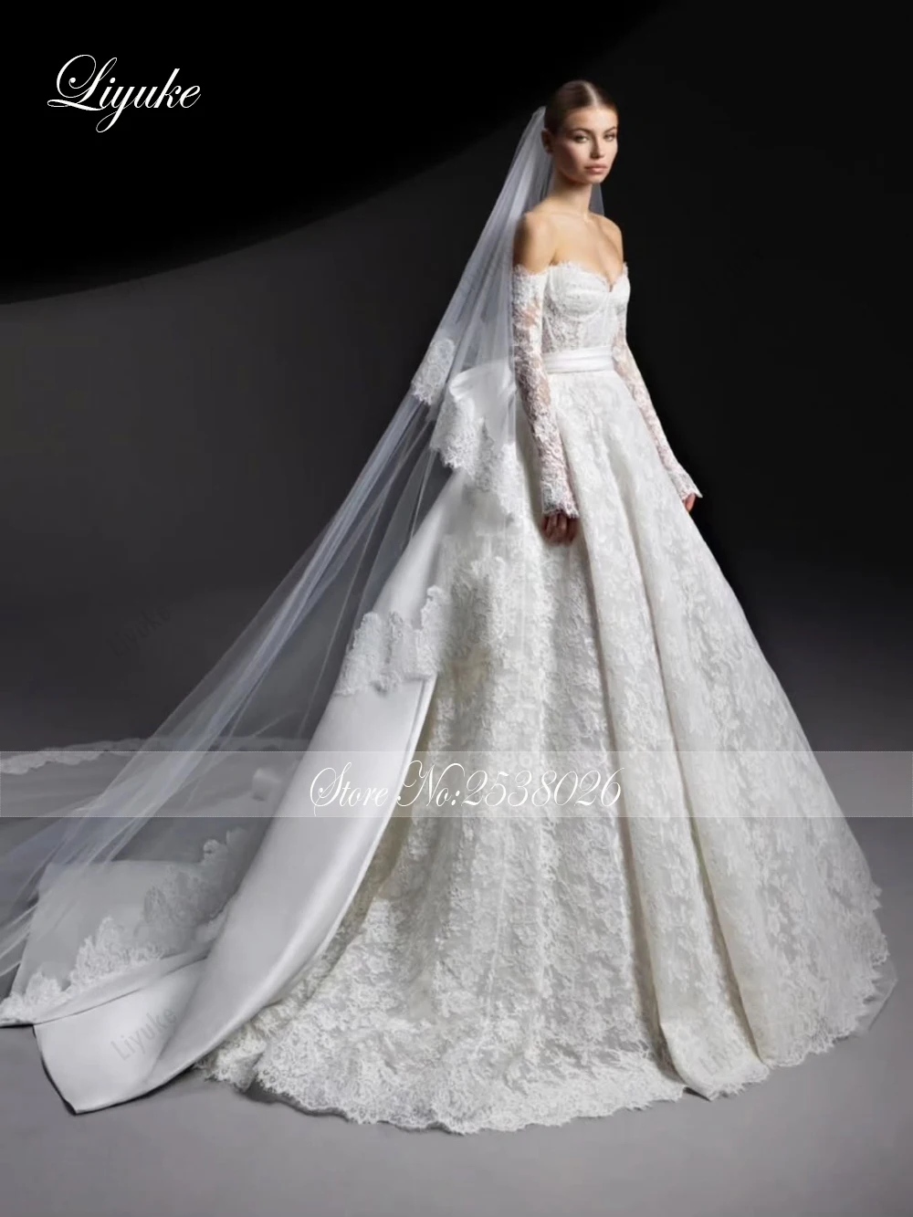 Liyuke Custom Made Sweetheart A-Line Wedding Dress Off The Shoulder Full Lace Bridal Gowns With Removable Satin Train