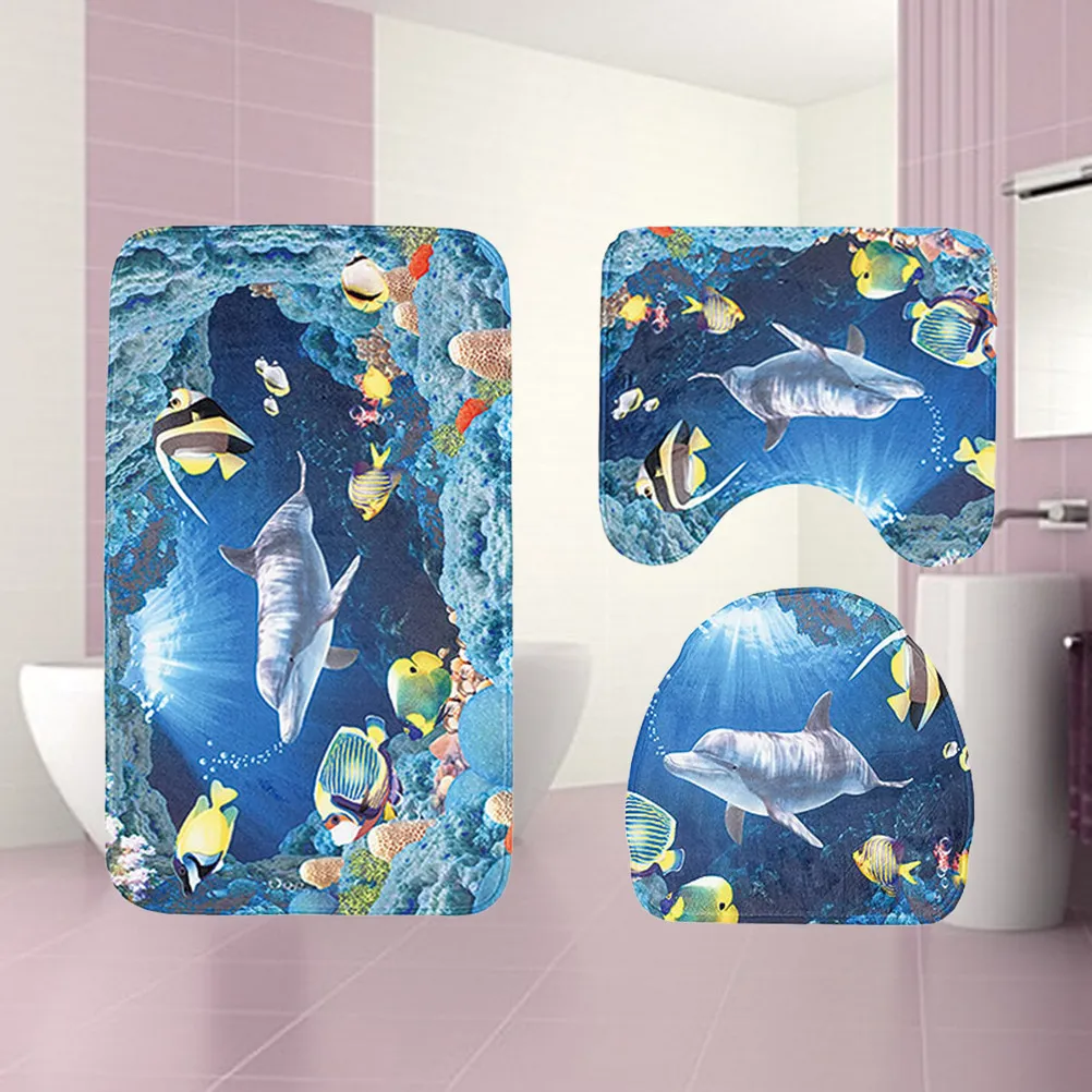 

3 in 1 Dolphin Underwater Pattern Bathroom Mat Set Antiskid Washroom Carpet Mat Toilet Seat Lid Cover (Blue)