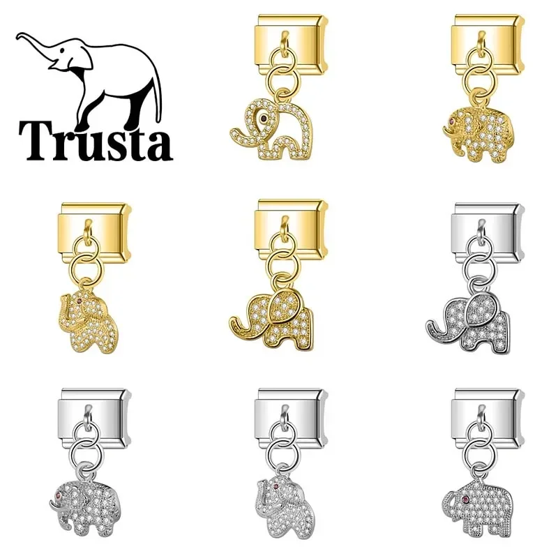 Trusta 2024 Fashion Elephant Shiny CZ Charm Italian Links 9mm Stainless Steel Bracelet for Women DIY Jewelry Wholesale N163