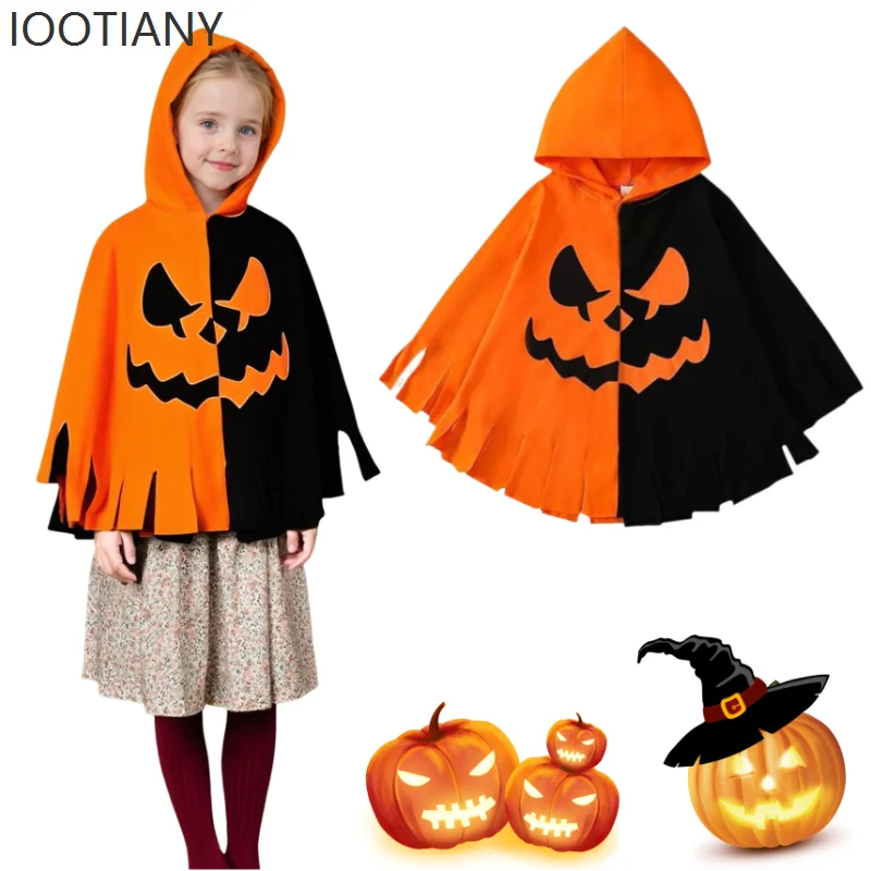 

Halloween Pumpkin Bat Print Role Play Costume Children's Carnival Party Orange And Black Color Matching Hood Cloak Dress Up Gift