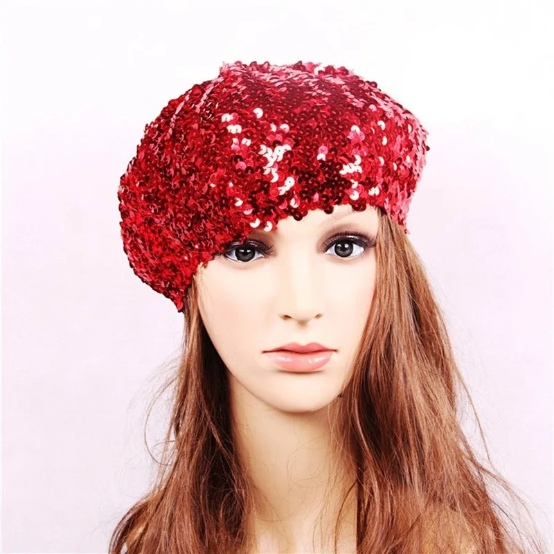 Stylish Newly Fashion Ladies Girls Sequins Shinny Beret Hat Party Dance Disco Caps 7 Colors Bling Solid Color Women Accessories