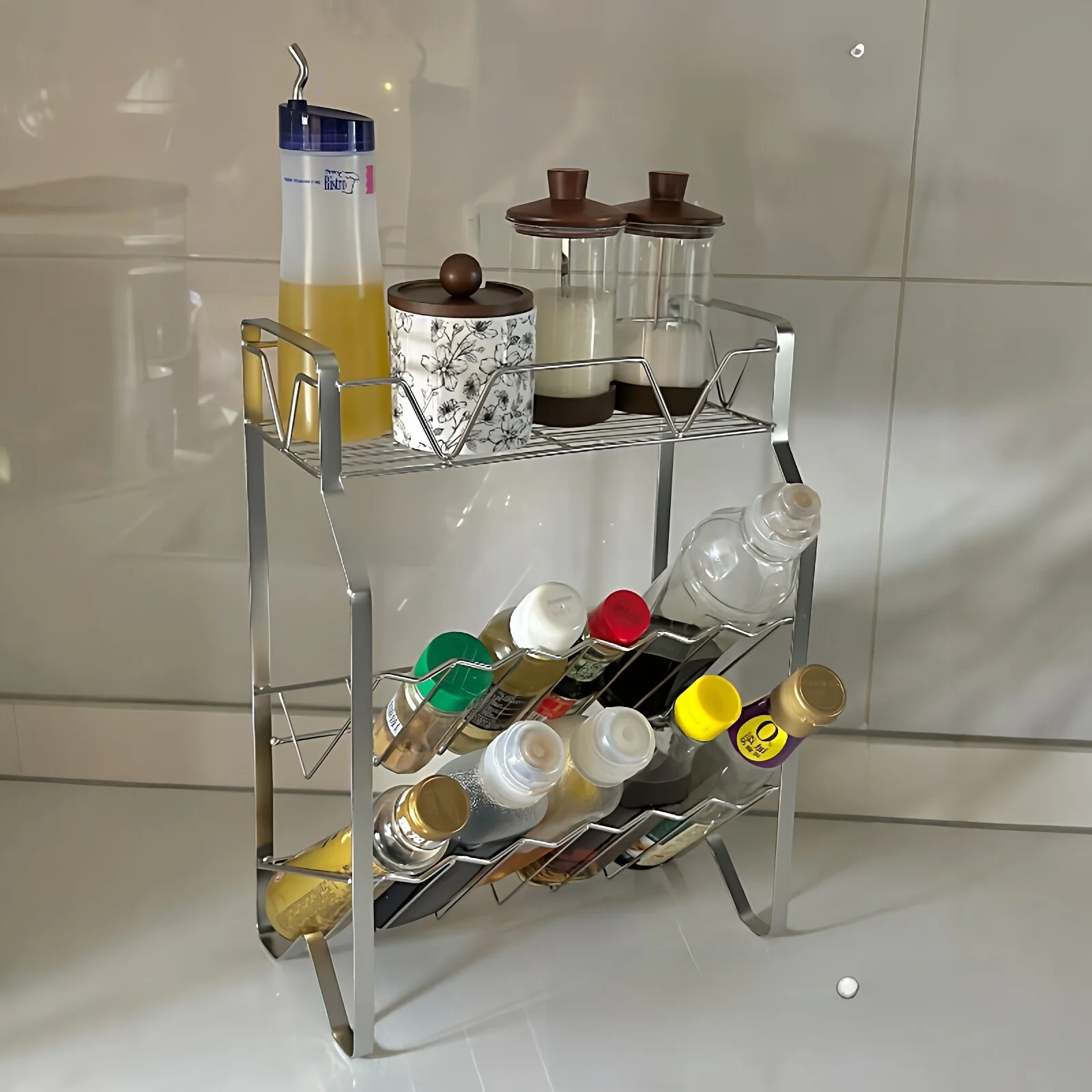 

Stainless Steel Kitchen Storage Rack Japanese Style Oil Salt Vinegar Sauce Holder Waterproof Moisture Proof Countertop Organizer