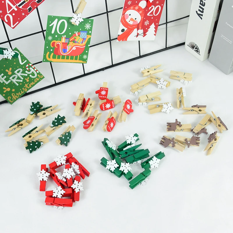 20pcs Christmas Wooden Clips Elk Snowflake Christmas Tree Gloves Wooden Clip Mini Clothes Photo Frame Nail Pin Clothespin Decor