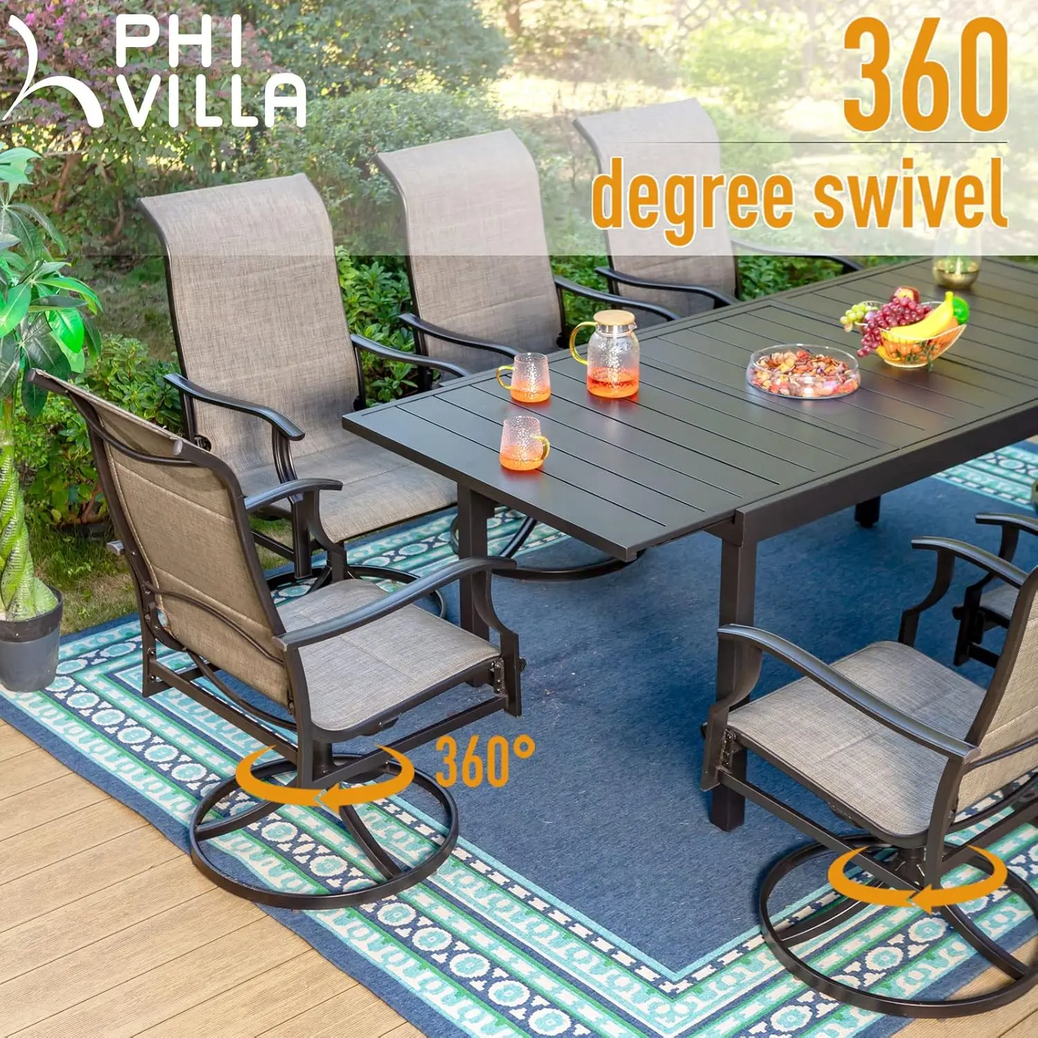 Patio Dining Set for 8, 9 Piece Outdoor Table Chairs Set with 8 High Back Swivel Dining Chairs