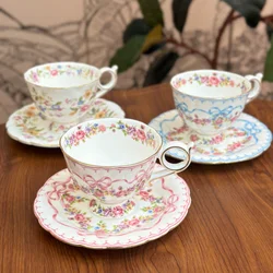 Flower Ribbon Bone China Coffee Cup Saucer Handmade Bow Teacup High-grade Coffee Mug Exquisite Teacup Gift Box Birthday Gift