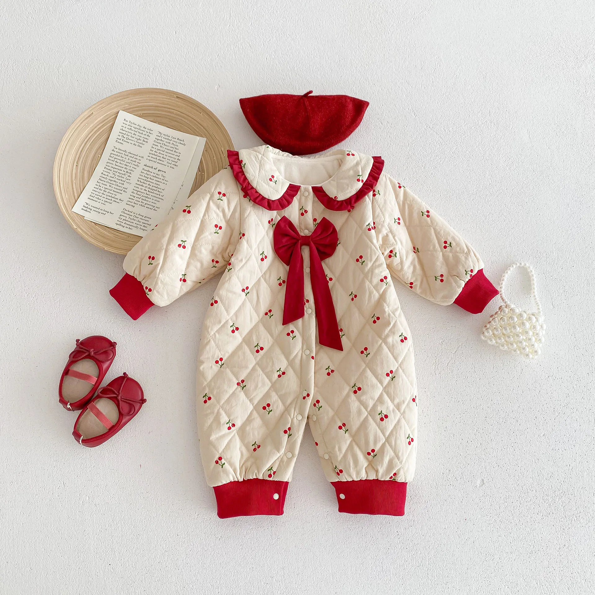 

Baby Clothes Winter Baby Girls Romper Cute Cherry Print Infant Cotton Plus Fleece Princess Onesie Toddler Thicke Warm Jumpsuits