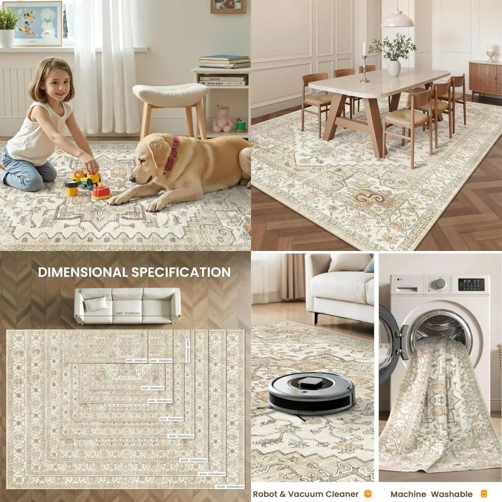 

Ковры 8x10 футов, нейтральные, устойчивые к пятнам, моющиеся, для гостиной и столовой, винтажные, нескользящие, большие, декоративные, золотистого цвета