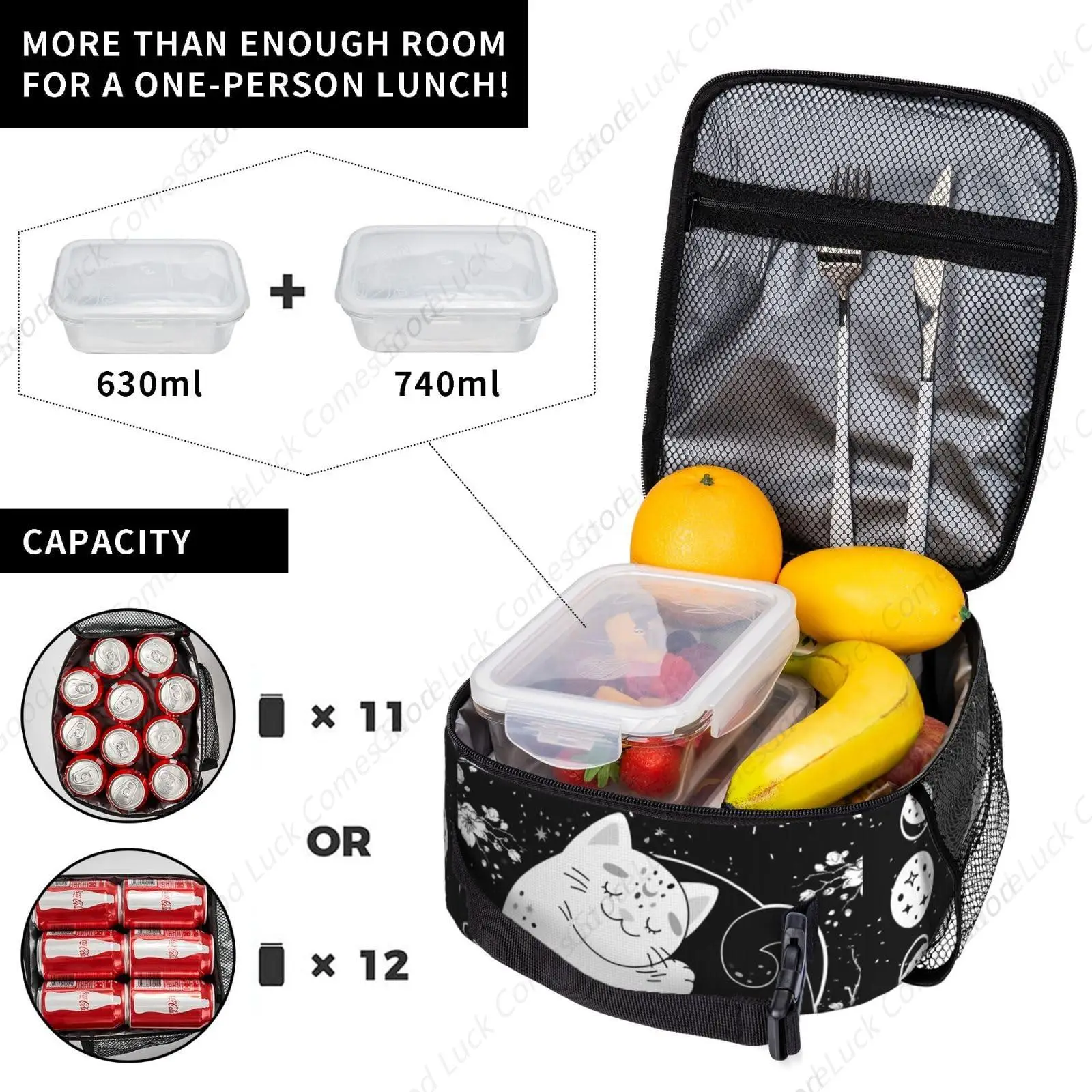 Yin Yang Cat Moon Phases Leakproof Lunch Bag Large Capacity Lunchbox Insulated Reusable Lunch Tote Bags Cooler Lunch Container