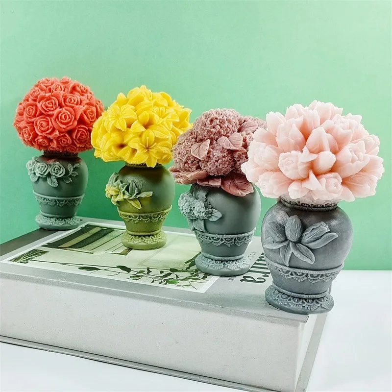 

4 Flower Vase Candle Silicone Mold Gypsum form Carving Art Aromatherapy Plaster Home Decoration Mold Gift Handmade