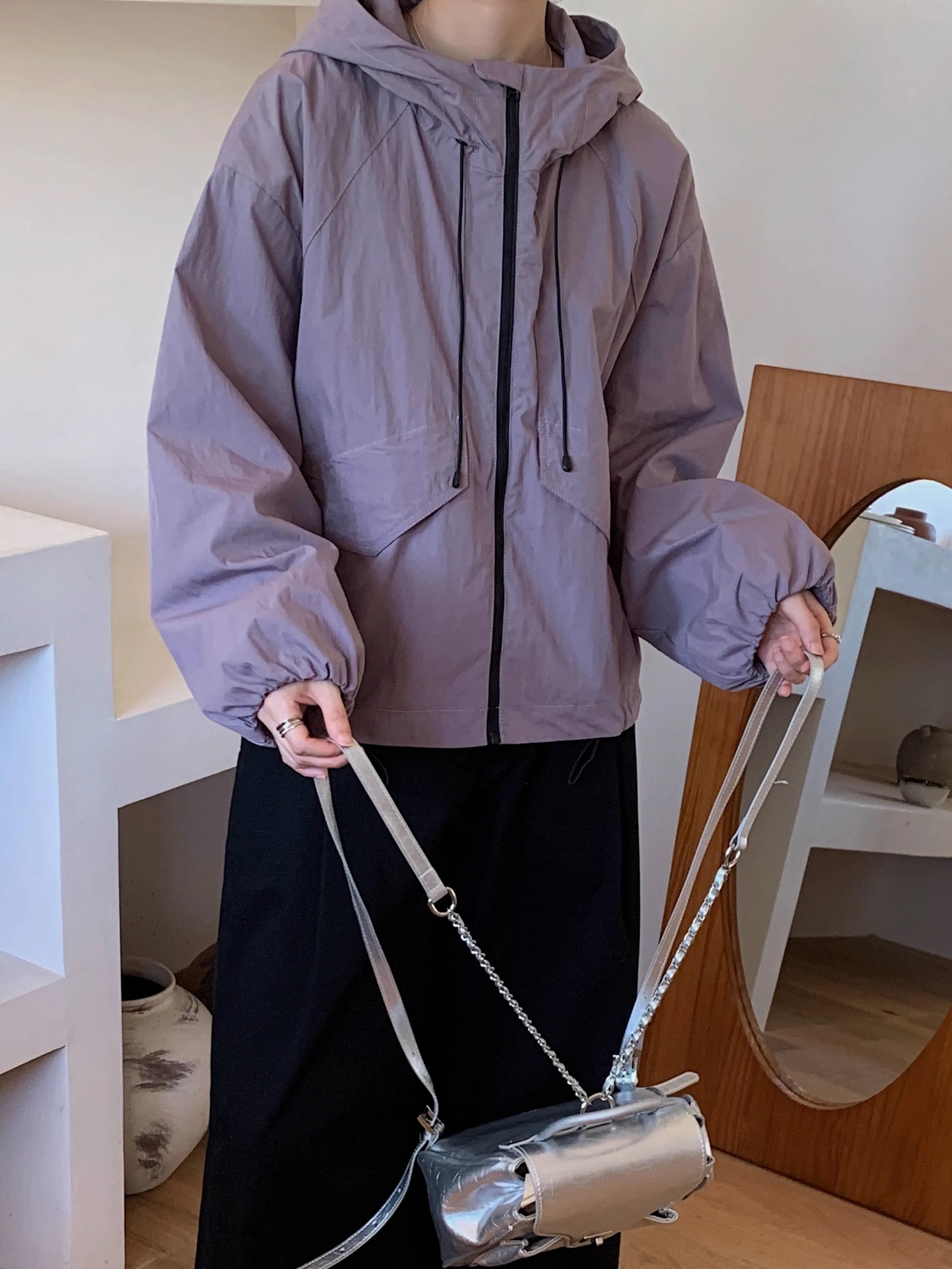 

Уникальная корейская повседневная одежда с капюшоном или Jaet, женская верхняя одежда для похудения, модный топ, свободный крой, застежка-молния, длинный све