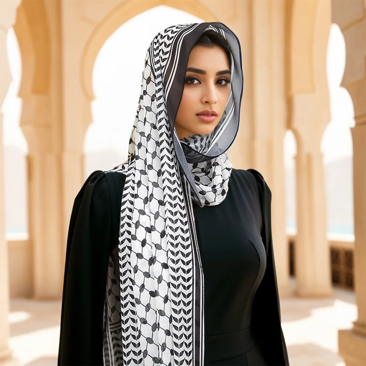 

Palestine Keffiyeh Hijab Scarf Printed Chiffon Headscarf Black Long Hijabs for Woman Muslim Arab Turban Shawls Islamic Clothing