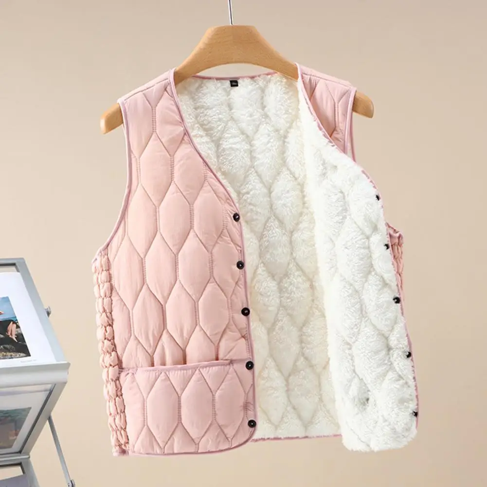 

Women Vest Women's Fall Winter Plush Padded Vest with V Neck Rhombus Texture Soft Warm Windproof Waistcoat for Ladies Polyester