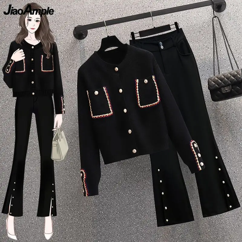 women\'s spring autumn sweater cardigan flare pants two piece set korean lady slim black knit jacket trousers outfits