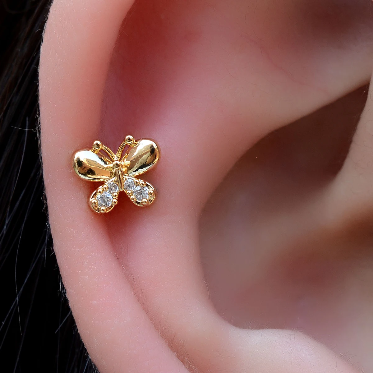 1 Stück 20G Winziger Kristall-Schmetterling Knorpel-Ohrstecker aus Edelstahl mit Zirkonia für Conch, Rook, Tragus, Damen Flachpiercing-Schmuck – Detail 14