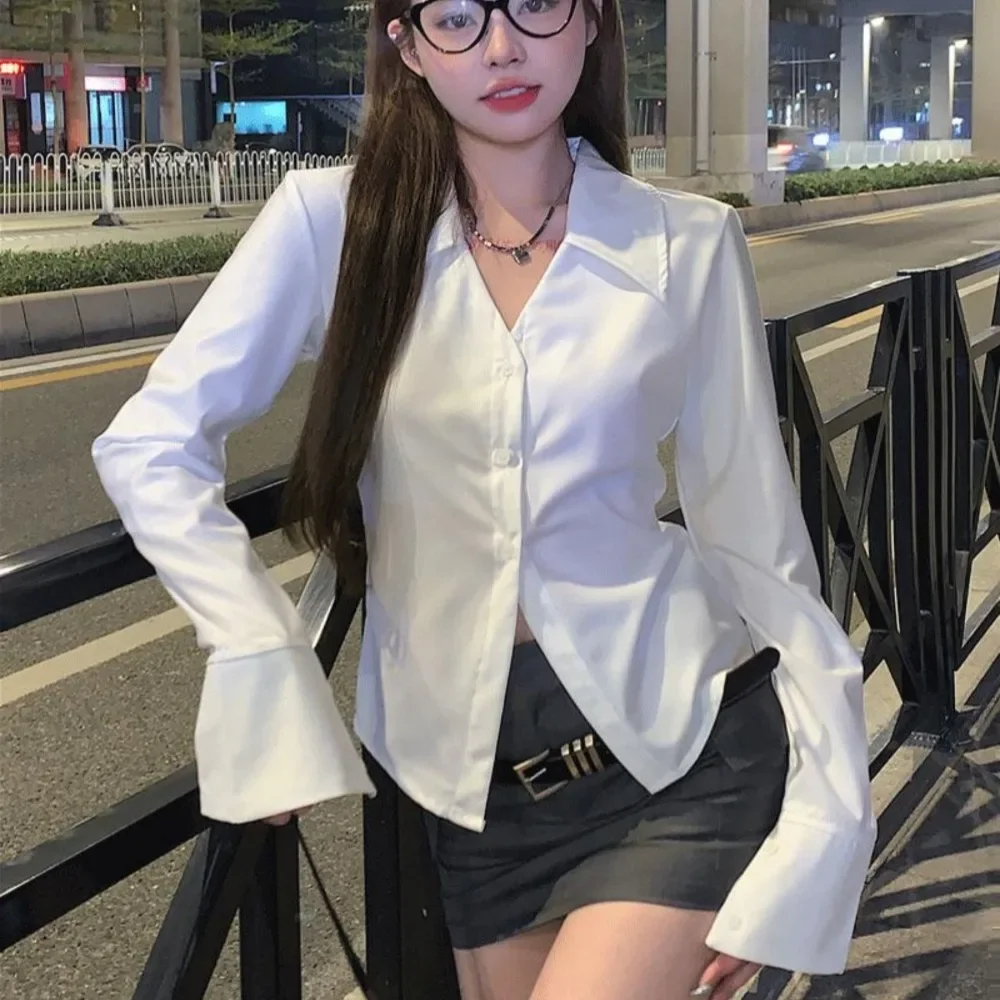 Shirts Women Simple Office Lady V-neck Fitness Mature Temperament Long Sleeve Turn-down Collar Spring Korean Style Slim Waist