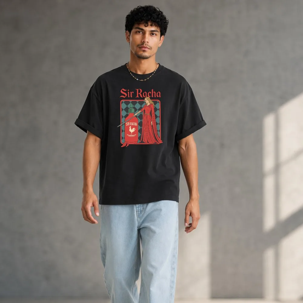 Funny Goods Oversized Medieval Sir Racha Graphic Tee Cotton T Shirt with Red Robe Rooster Logo Diamond Pattern Fun Meme Gift