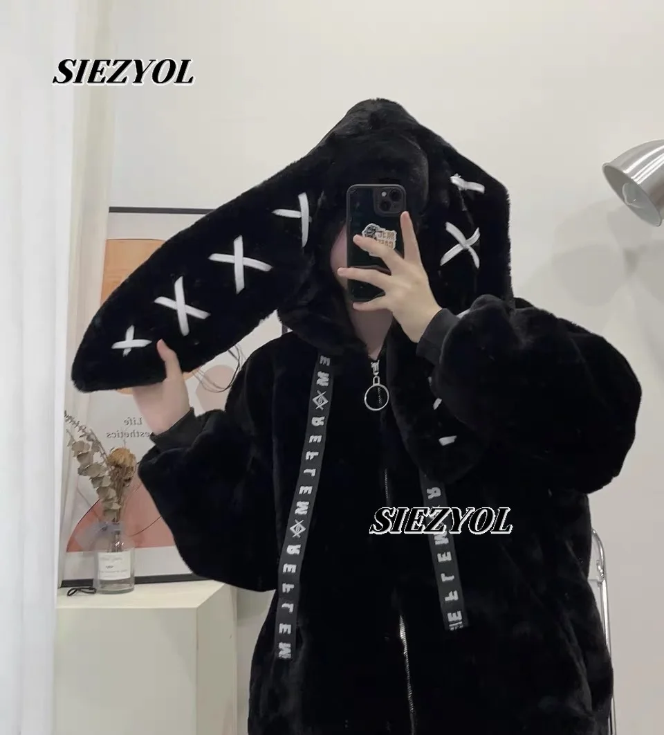 Plush Coat Japanese Harajuku Style Rabbit Ear Hooded Fuzzy Clothes Winter Versatile Sweet Girls Punk Loose Mid-length Jacket
