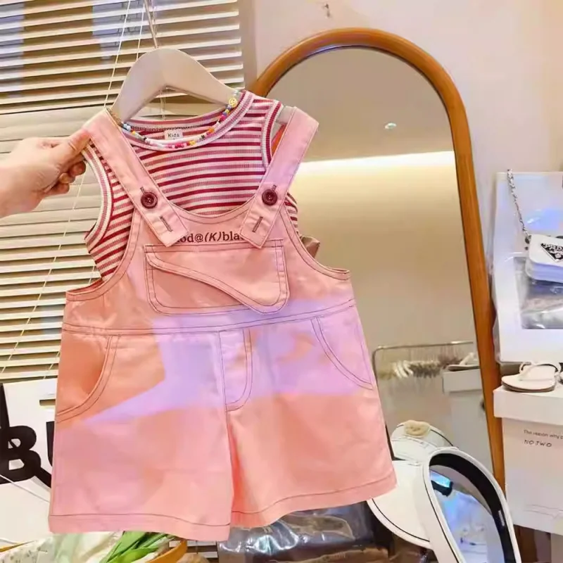 

Girls' High-End Stylish Casual Two-Piece Summer Outfit New Baby Striped Vest and Overalls Set