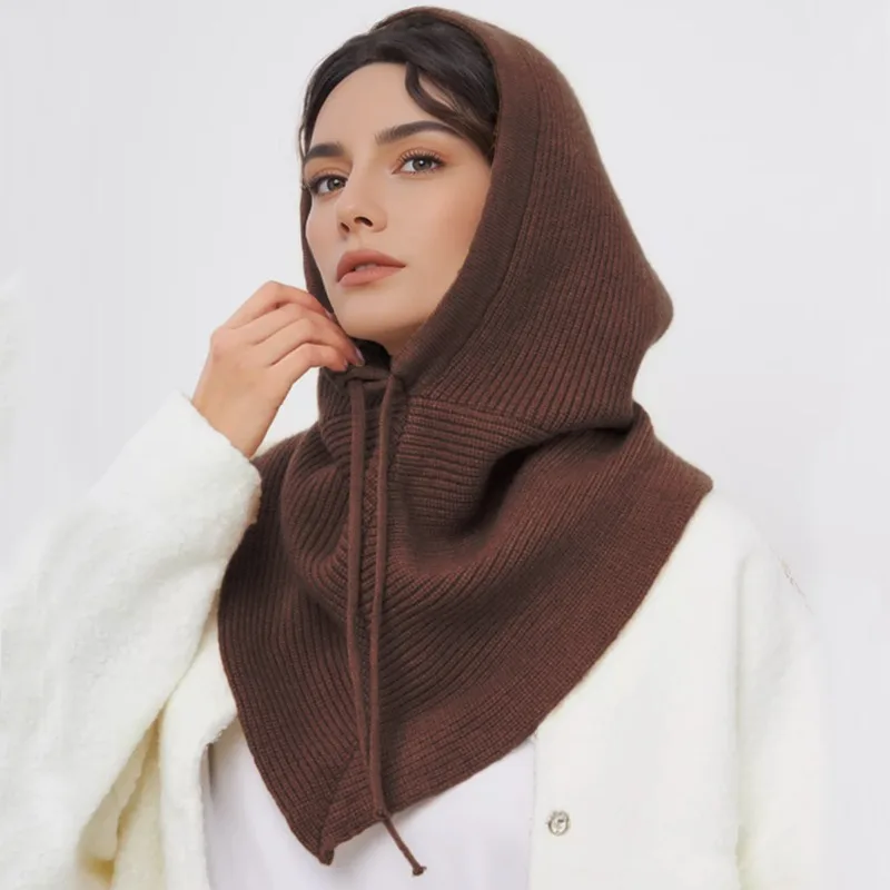 New Solid Color Simple Knitted Balaclava Hat Scarf Winter Two-in-one Drawstring Warm Neck Protection Beanie Caps for Women's
