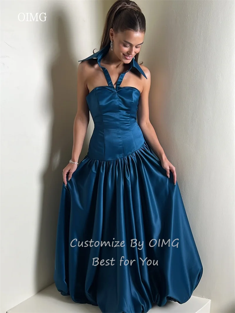 Oimg azul real halter uma linha vestidos de baile cetim sem costas vestido de festa até o chão vestido de noite vestidos de gala personalizado