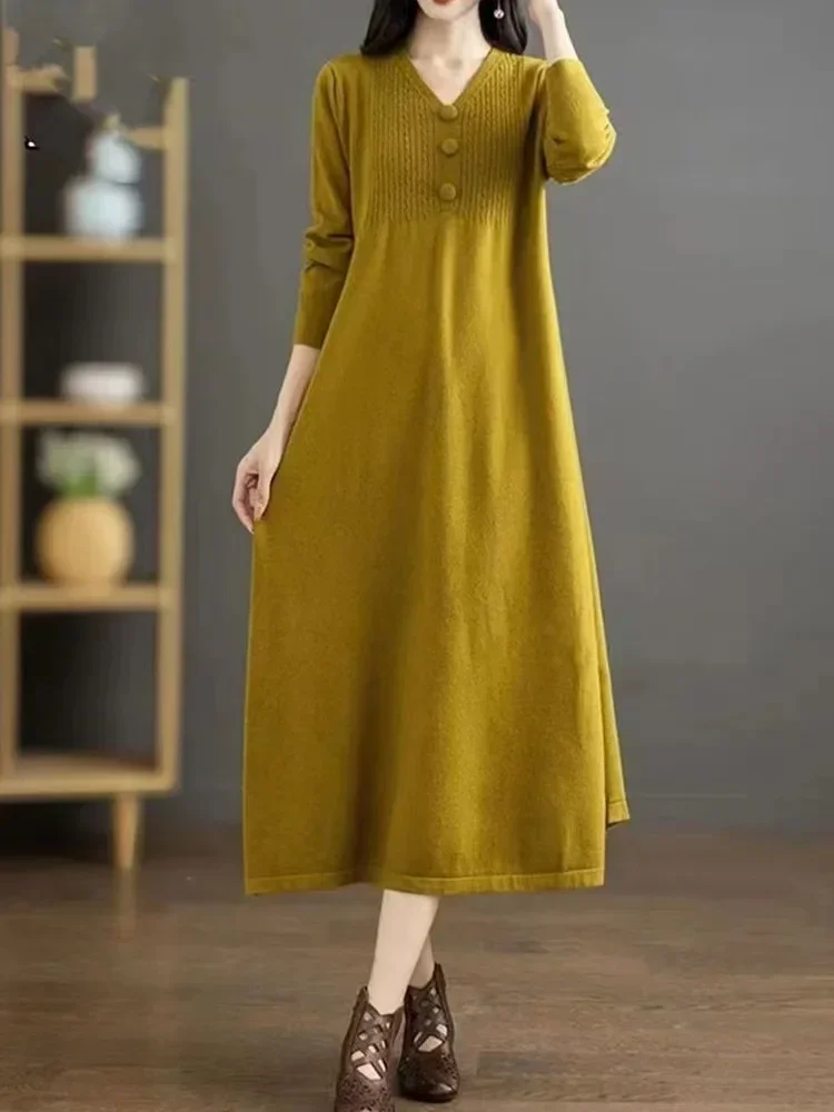 

Women Autumn Winter Long Knit Dresses 2023 New Button V-Neck Patchwork Fried Dough Twists Pattern Oversize Female A-Line Sweater