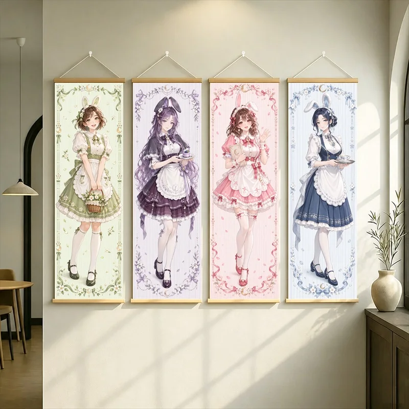 Anime Girls in Colorful Apron Dresses Hanging Scroll with Ornate Floral Borders and Soft Pastel Colors for a Bedroom