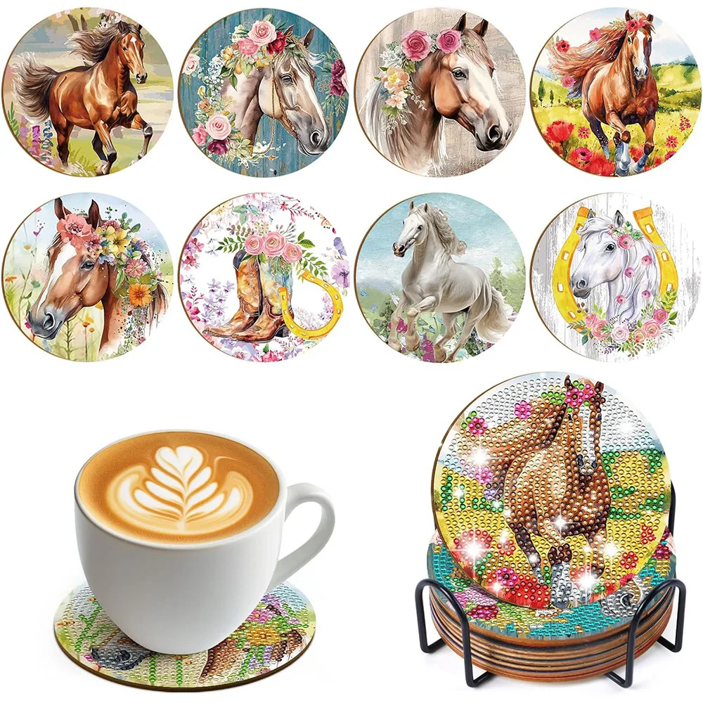 

8pcs Horse Diamond Art Coasters Kit Horse Lover Diamond Painting Coasters Kits with Holder for Adult DIY Crafts Gift Home Decor