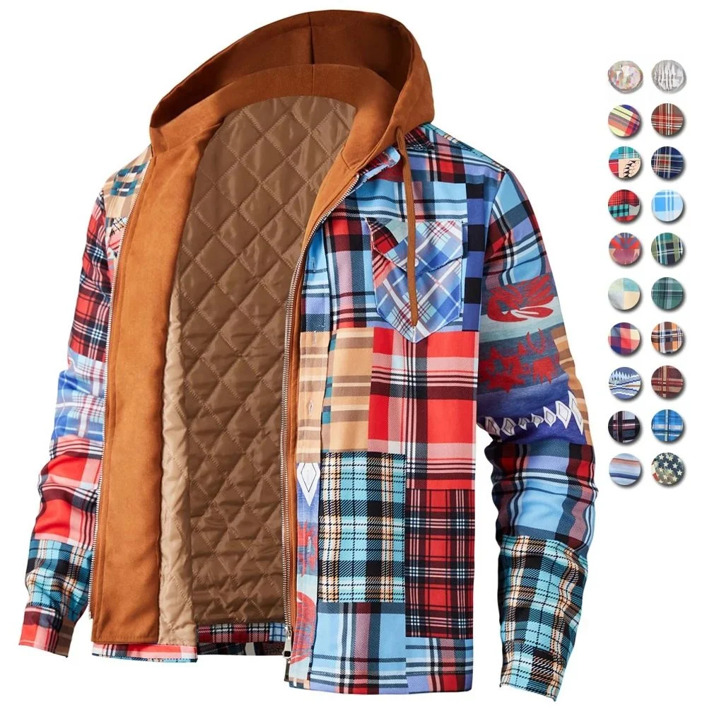 

Men's Harajuku Plaid Hooded Jaet Autumn Winter Long Zipper Special Wide Youth Trendy Stand Collar Cotton Padded Coat