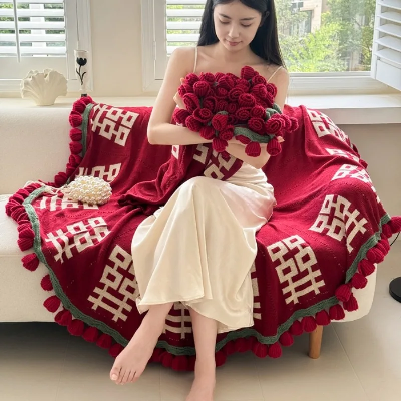 2025 new red double rose bouquet blanket never withers bouquet knitted blanket holiday gift blanket